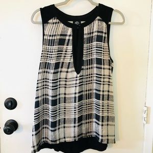 Bobeau Plaid Keyhole Sleeveless Blouse Casual/Work Shirt Tank, Sz L, Black/White